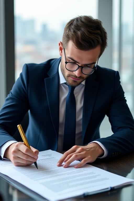 A legal expert conducting a professional contract review in a modern London office
