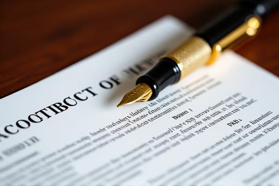 Close up of a signed legal contract with a luxury fountain pen