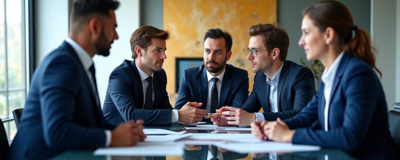 Iceberg Legal team collaborating on a legal contract review in a sunlit meeting room