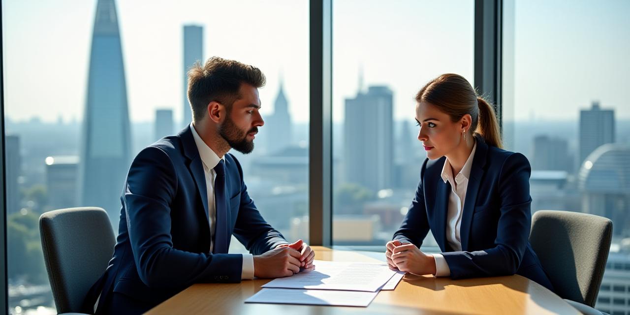 Two professionals in a high-rise London office discussing a contract with a view of the City skyline